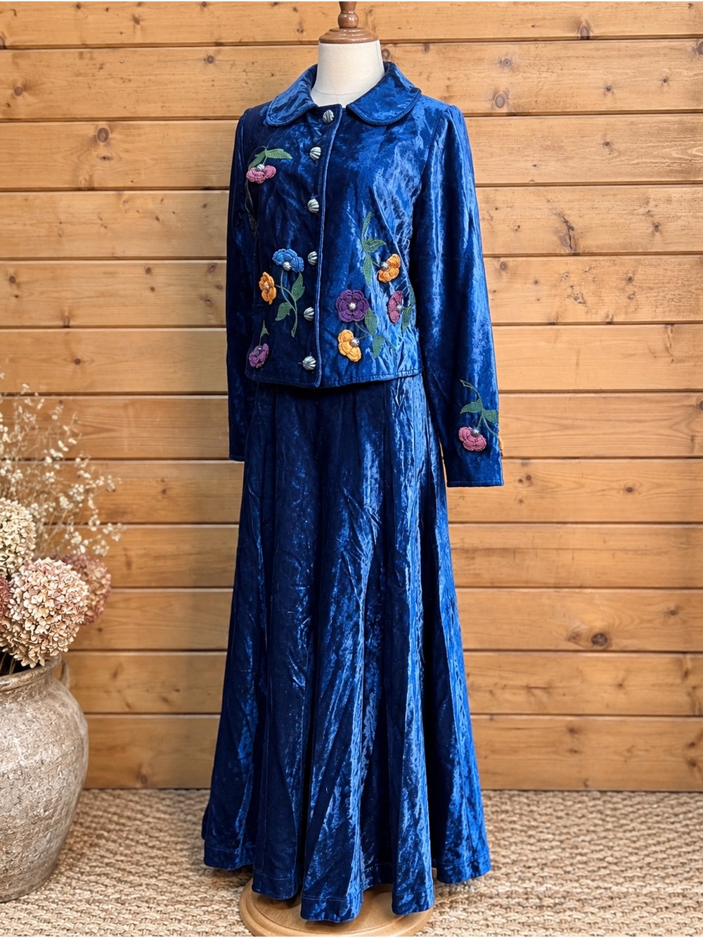 Double D Ranch Wear DD Blue Velvet Jacket Maxi Skirt Set Western Concho XS S